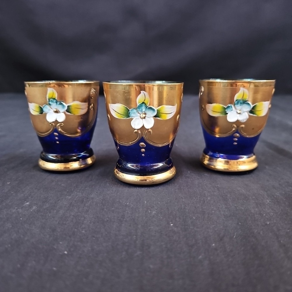 Vtg Blue Cobalt Gold Glided Hand Painting Bohemia Czech Shot Glasses Set of 3